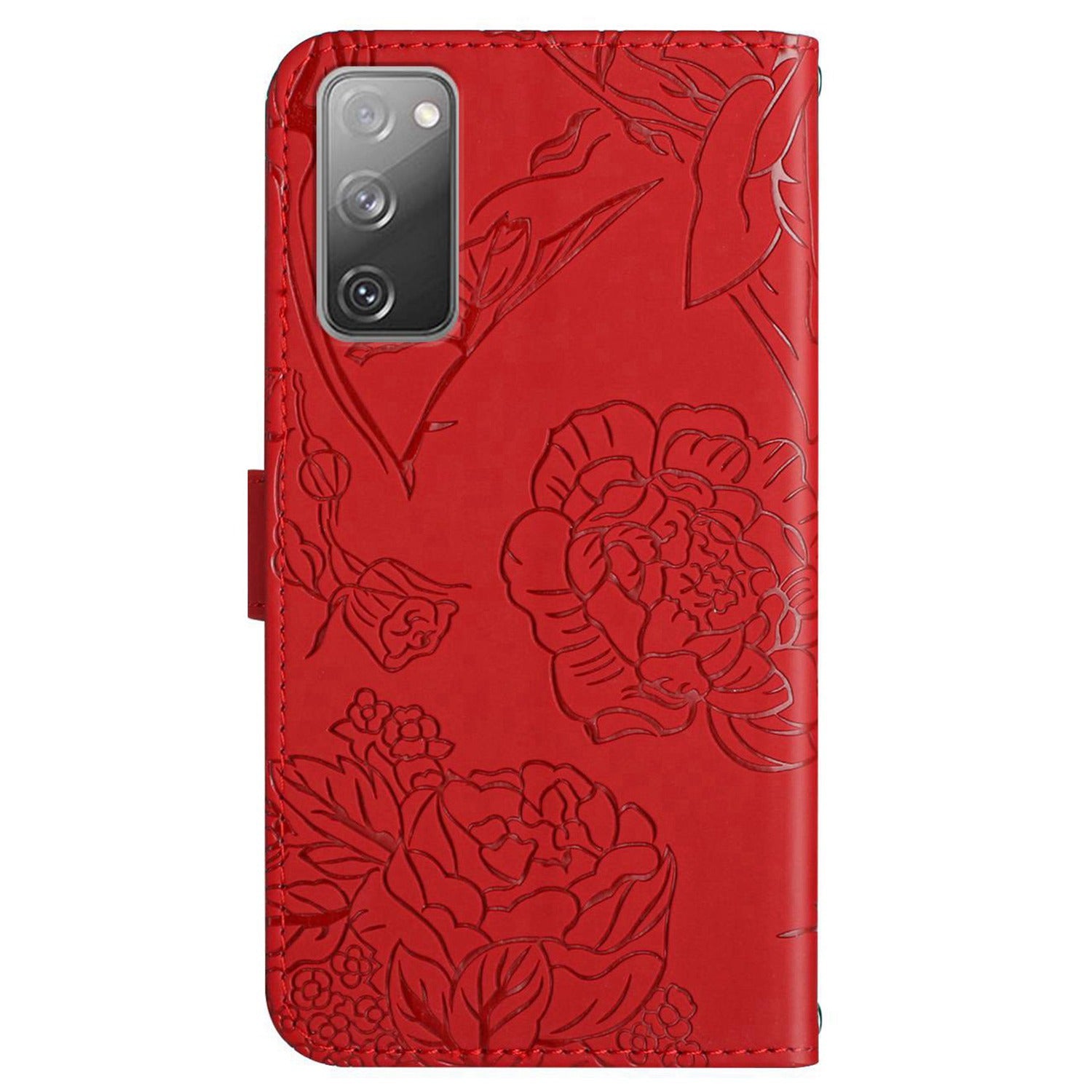 For Samsung Galaxy S20 FE / S20 FE 5G / S20 FE 2022 / S20 Lite Rhinestone Decor Leather Case Butterfly Flowers Imprinted Phone Stand Wallet Cover with Shoulder Strap - Red