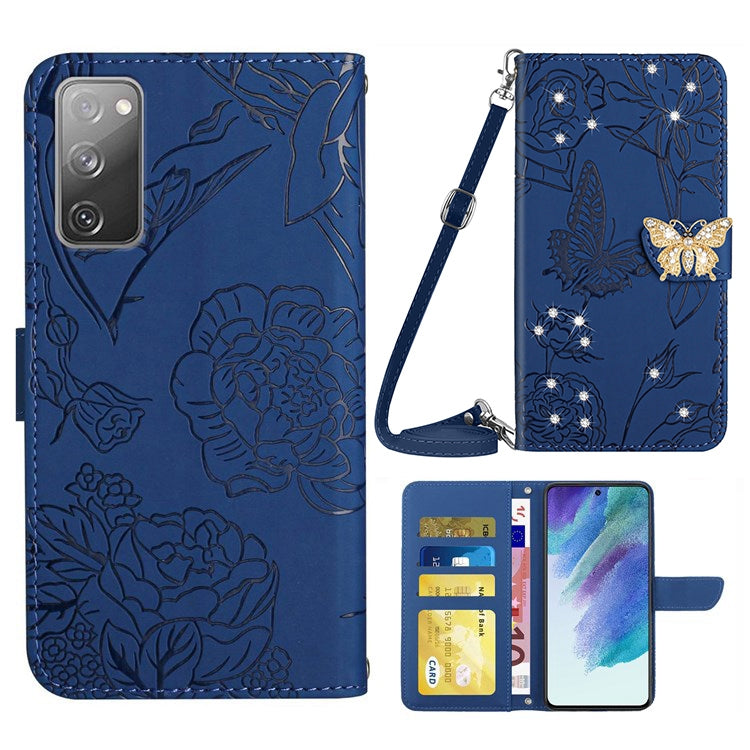 For Samsung Galaxy S20 FE / S20 FE 5G / S20 FE 2022 / S20 Lite Rhinestone Decor Leather Case Butterfly Flowers Imprinted Phone Stand Wallet Cover with Shoulder Strap - Blue