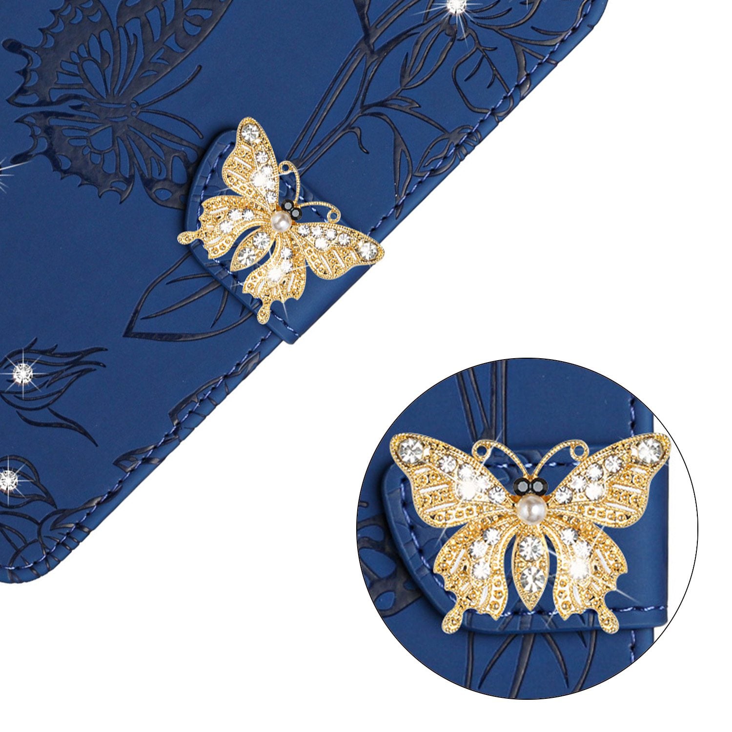 For Samsung Galaxy S20 FE / S20 FE 5G / S20 FE 2022 / S20 Lite Rhinestone Decor Leather Case Butterfly Flowers Imprinted Phone Stand Wallet Cover with Shoulder Strap - Blue