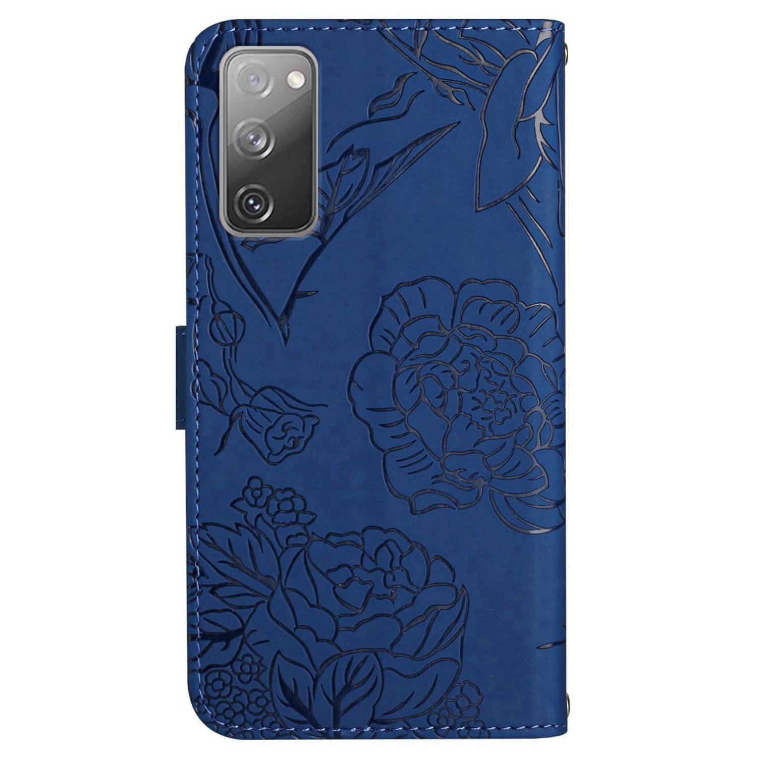 For Samsung Galaxy S20 FE / S20 FE 5G / S20 FE 2022 / S20 Lite Rhinestone Decor Leather Case Butterfly Flowers Imprinted Phone Stand Wallet Cover with Shoulder Strap - Blue