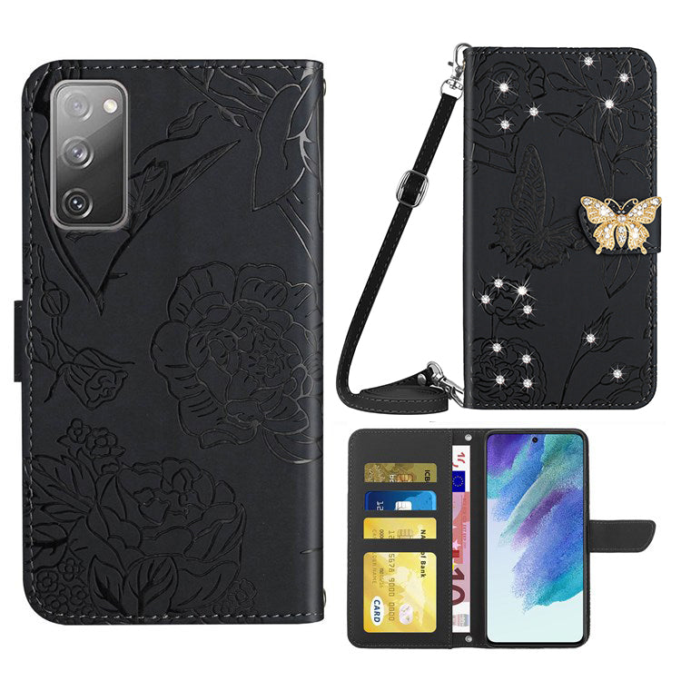 For Samsung Galaxy S20 FE / S20 FE 5G / S20 FE 2022 / S20 Lite Rhinestone Decor Leather Case Butterfly Flowers Imprinted Phone Stand Wallet Cover with Shoulder Strap - Black