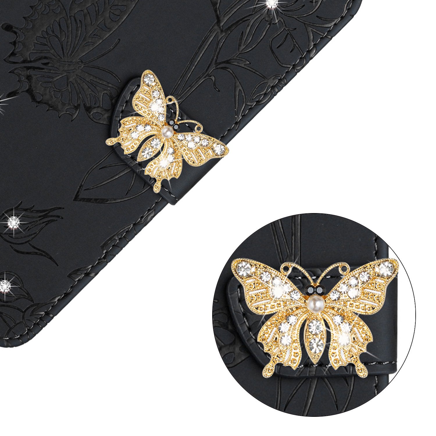 For Samsung Galaxy S20 FE / S20 FE 5G / S20 FE 2022 / S20 Lite Rhinestone Decor Leather Case Butterfly Flowers Imprinted Phone Stand Wallet Cover with Shoulder Strap - Black