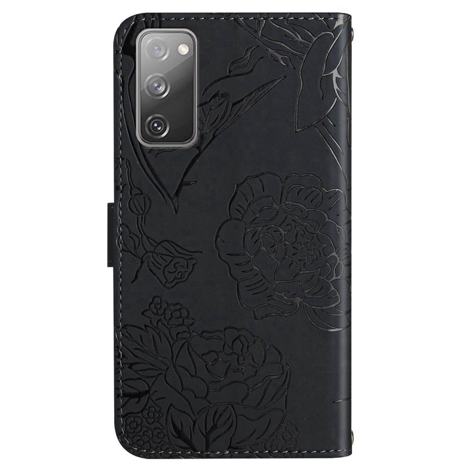 For Samsung Galaxy S20 FE / S20 FE 5G / S20 FE 2022 / S20 Lite Rhinestone Decor Leather Case Butterfly Flowers Imprinted Phone Stand Wallet Cover with Shoulder Strap - Black