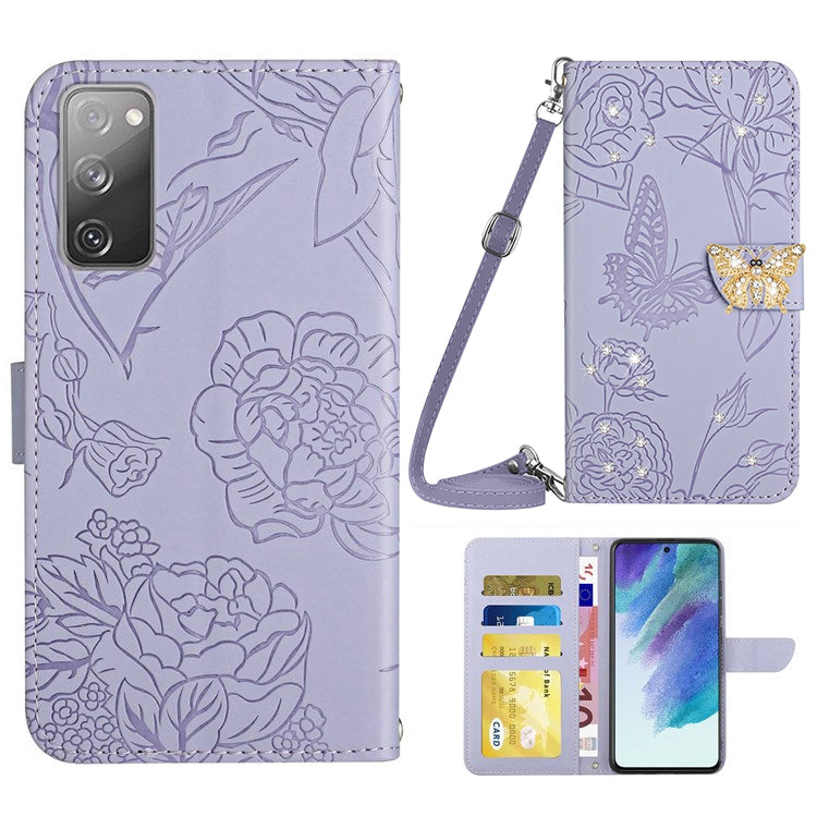 For Samsung Galaxy S20 FE / S20 FE 5G / S20 FE 2022 / S20 Lite Rhinestone Decor Leather Case Butterfly Flowers Imprinted Phone Stand Wallet Cover with Shoulder Strap - Light Purple