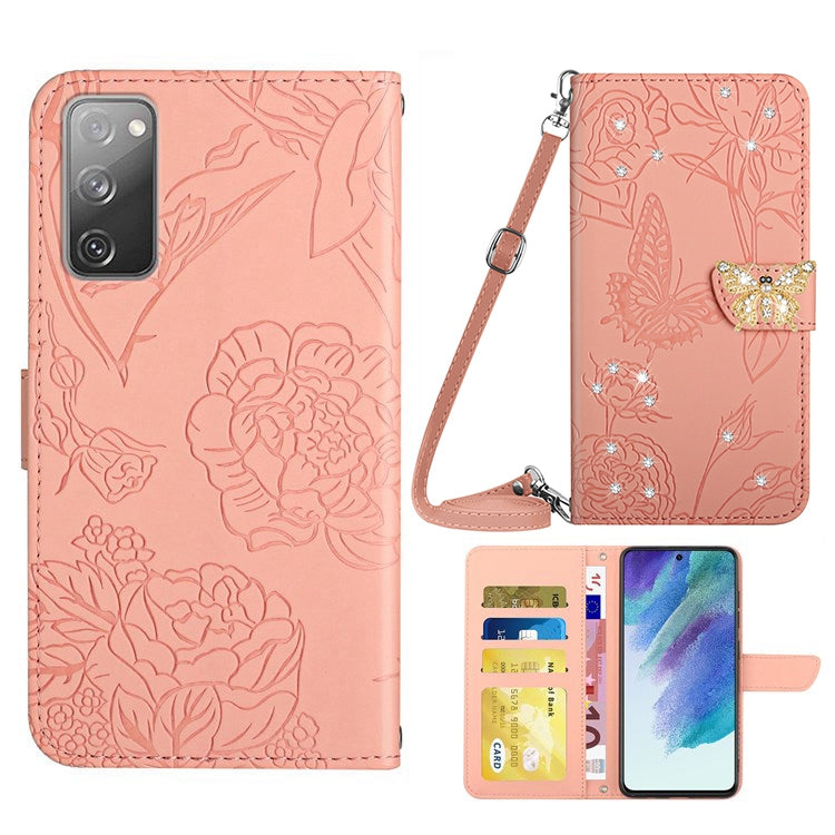 For Samsung Galaxy S20 FE / S20 FE 5G / S20 FE 2022 / S20 Lite Rhinestone Decor Leather Case Butterfly Flowers Imprinted Phone Stand Wallet Cover with Shoulder Strap - Pink