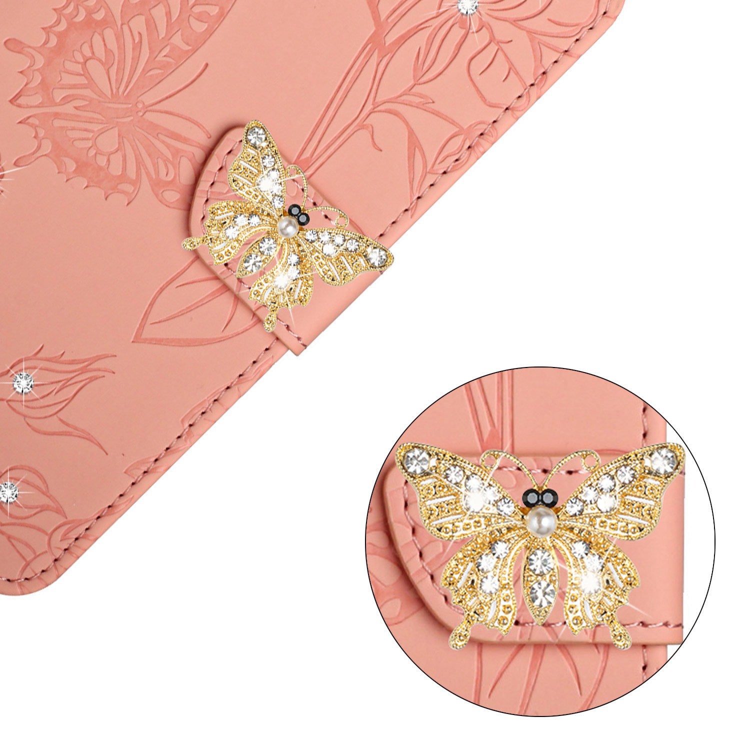 For Samsung Galaxy S20 FE / S20 FE 5G / S20 FE 2022 / S20 Lite Rhinestone Decor Leather Case Butterfly Flowers Imprinted Phone Stand Wallet Cover with Shoulder Strap - Pink