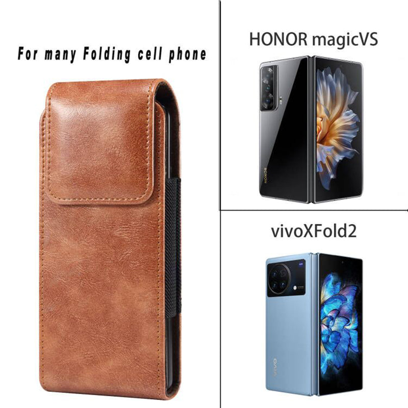 For Honor Magic Vs 5G / vivo X Fold2 Phone Holster Textured Microfiber Leather Belt Loop Waist Bag Vertical Flip Phone Belt Pouch - Brown