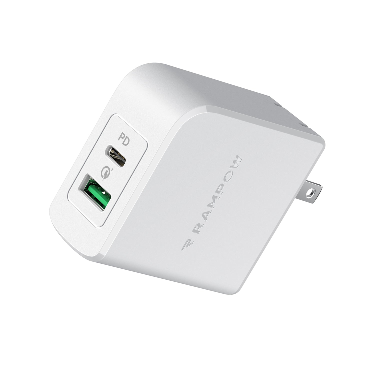 RAMPOW 36W Type C + USB A Dual Port Fast PD Wall Charger with 30W Power Delivery 3.0 - White, US Plug