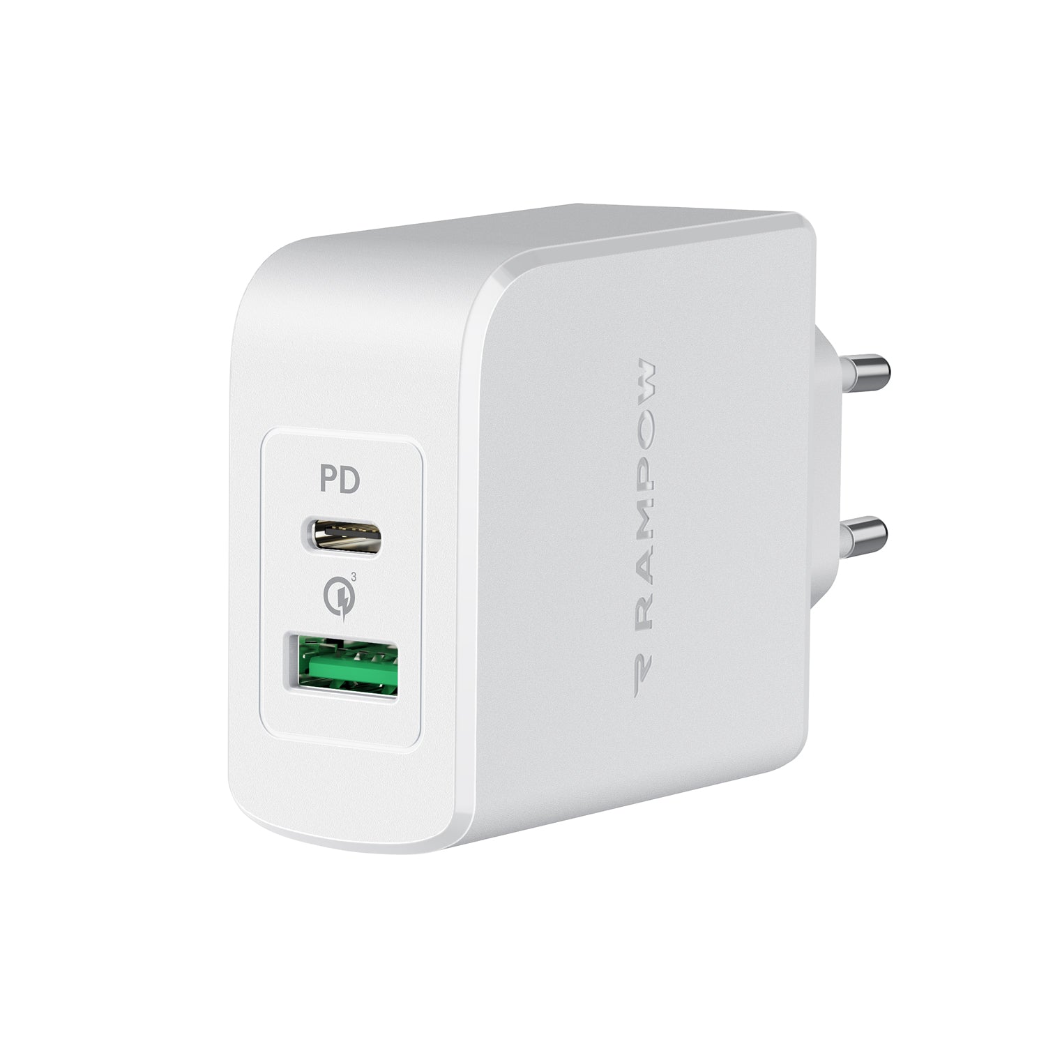 RAMPOW 36W Type C + USB A Dual Port Fast PD Wall Charger with 30W Power Delivery 3.0 - White, EU Plug