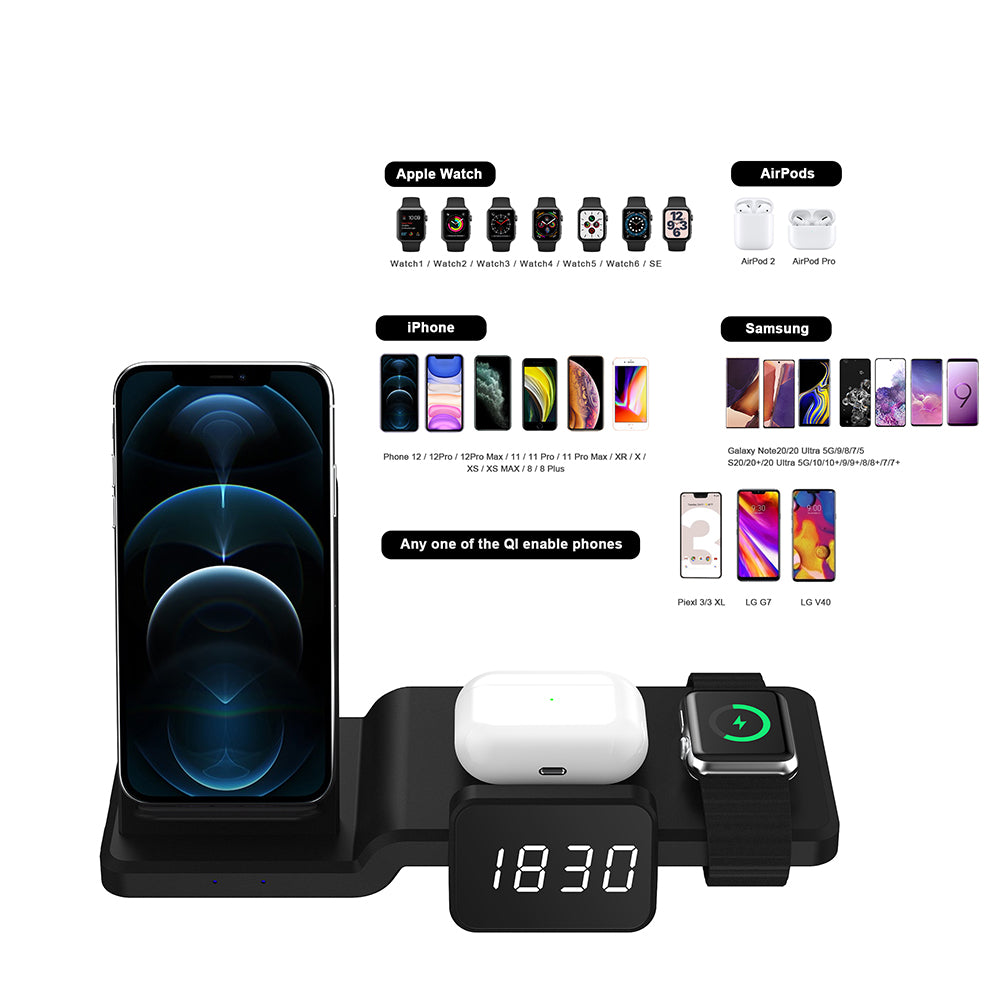 15W Wireless Charger for iPhone 12 11 Pro Max iWatch Airpods, Fast Charging Dock Station with Time Display