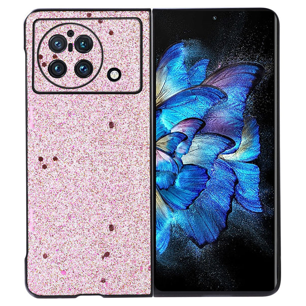 For vivo X Fold Glitter Sequins Anti-fall Cell Phone Case Precise Cutout PU Leather Coated PC Cover - Gold/Pink