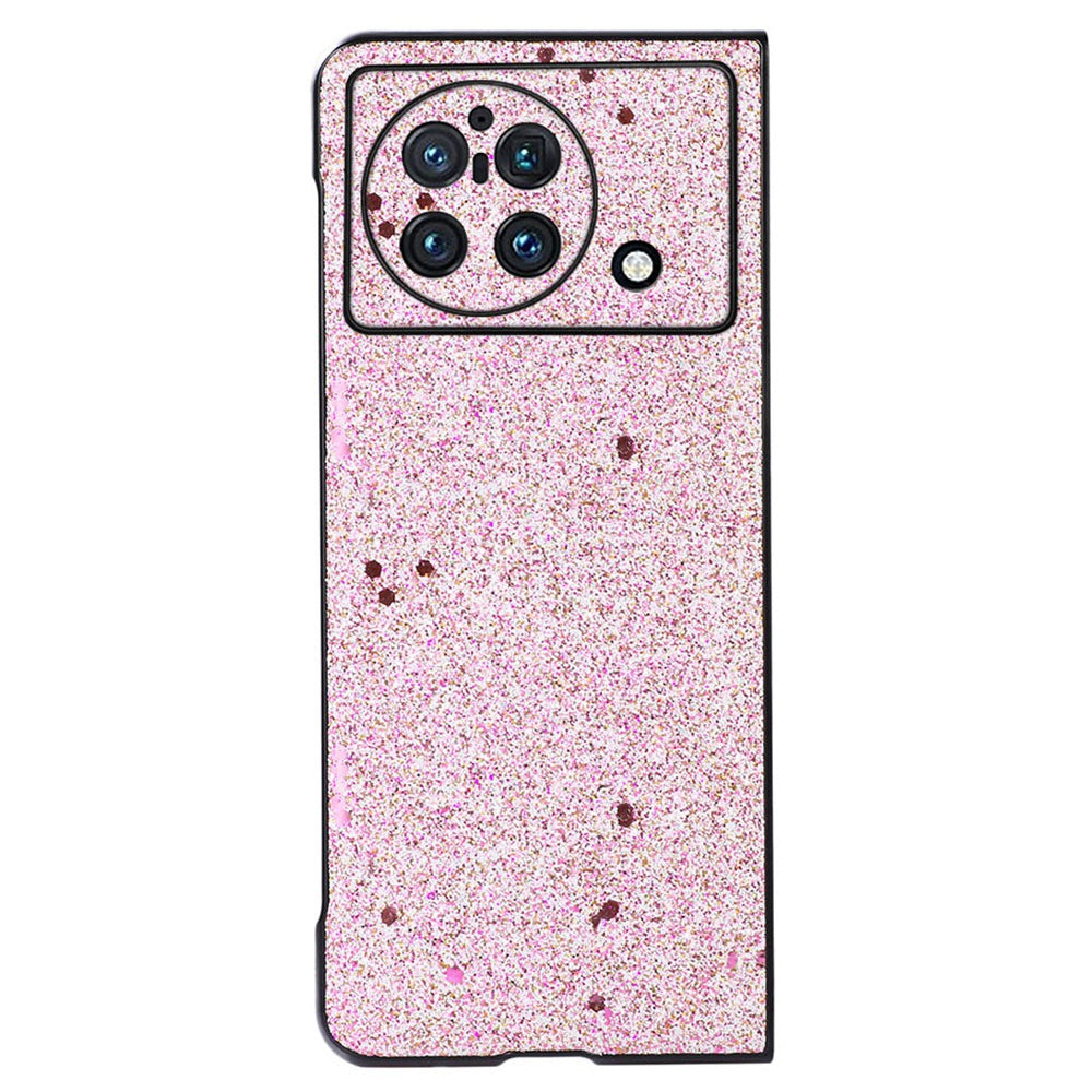 For vivo X Fold Glitter Sequins Anti-fall Cell Phone Case Precise Cutout PU Leather Coated PC Cover - Gold/Pink