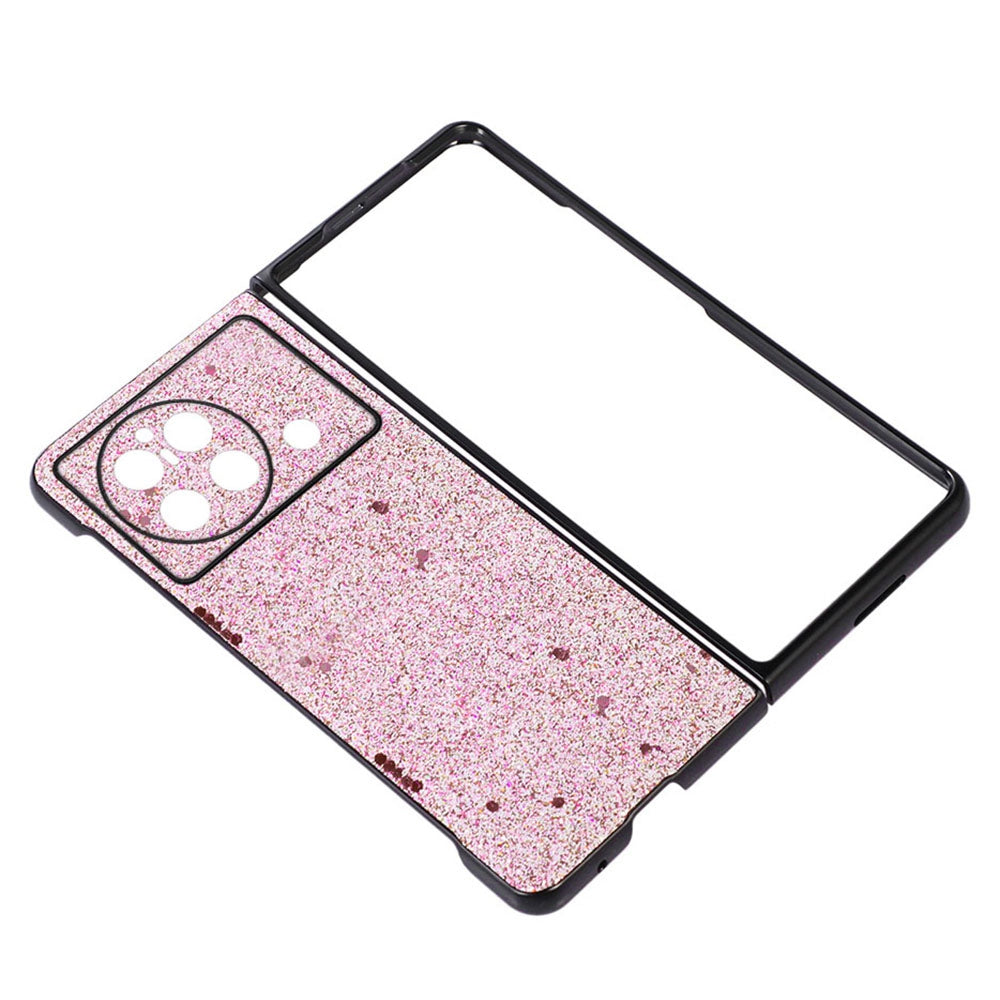 For vivo X Fold Glitter Sequins Anti-fall Cell Phone Case Precise Cutout PU Leather Coated PC Cover - Gold/Pink