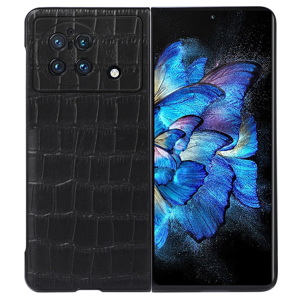 For vivo X Fold Crocodile Texture Scratch-resistant Drop-proof Genuine Leather Coated PC Case Shell - Black