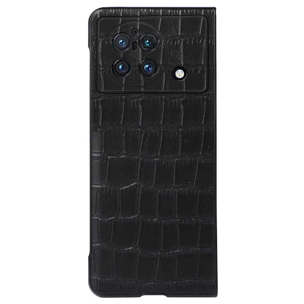 For vivo X Fold Crocodile Texture Scratch-resistant Drop-proof Genuine Leather Coated PC Case Shell - Black