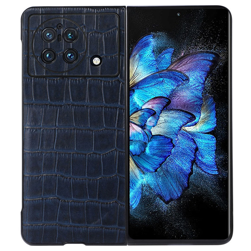 For vivo X Fold Crocodile Texture Scratch-resistant Drop-proof Genuine Leather Coated PC Case Shell - Blue