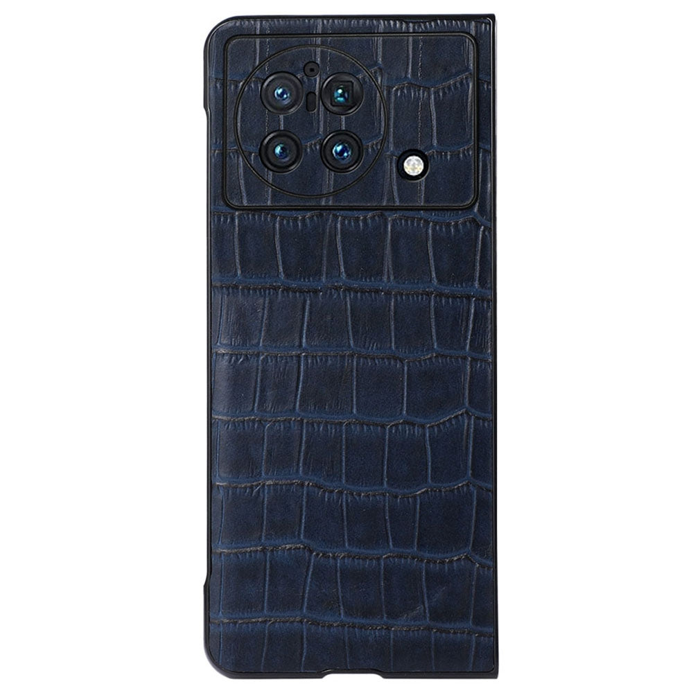 For vivo X Fold Crocodile Texture Scratch-resistant Drop-proof Genuine Leather Coated PC Case Shell - Blue