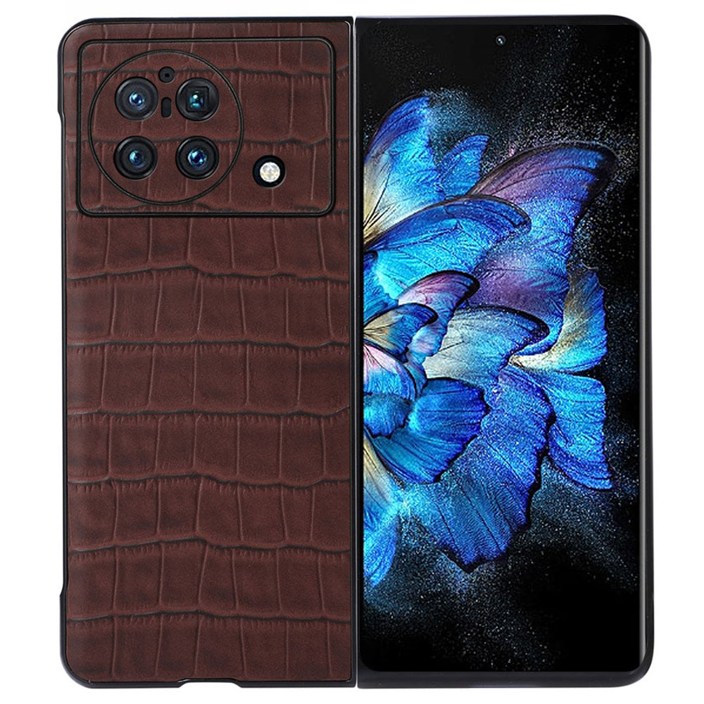 For vivo X Fold Crocodile Texture Scratch-resistant Drop-proof Genuine Leather Coated PC Case Shell - Brown