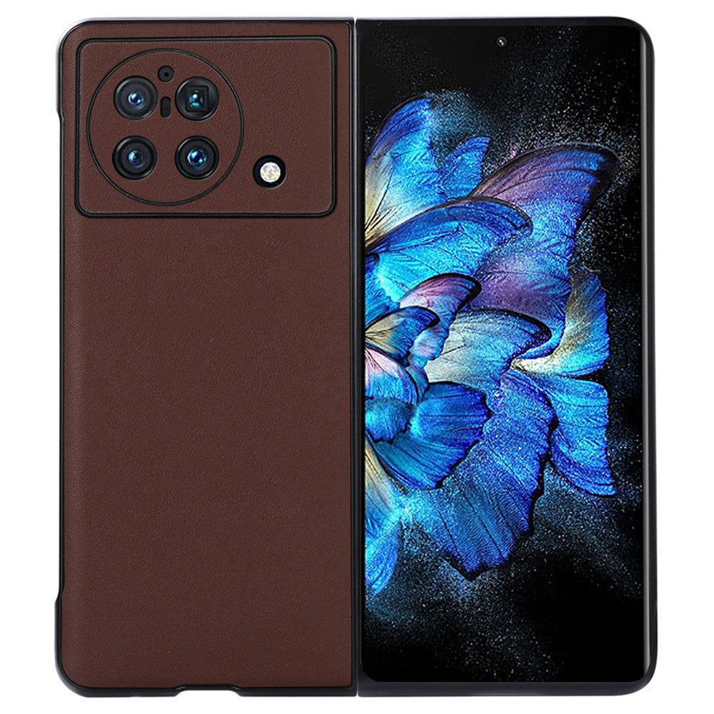 For vivo X Fold Accurate Openings Textured Genuine Leather PC Protective Phone Case Cover - Brown