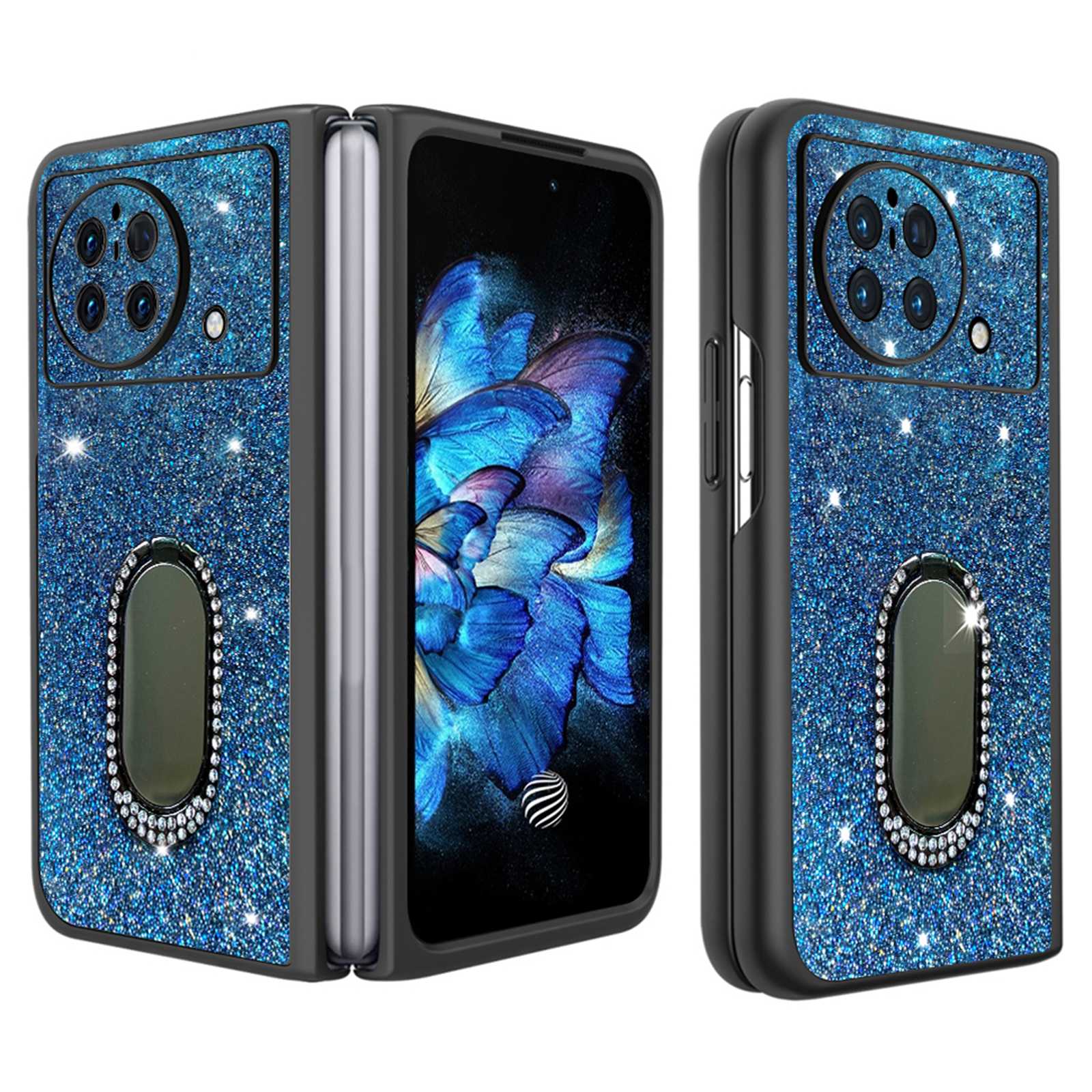 For vivo X Fold Rhinestone Decor Ring Kickstand Folding Phone Case TPU + PC Hybrid Cover - Baby Blue