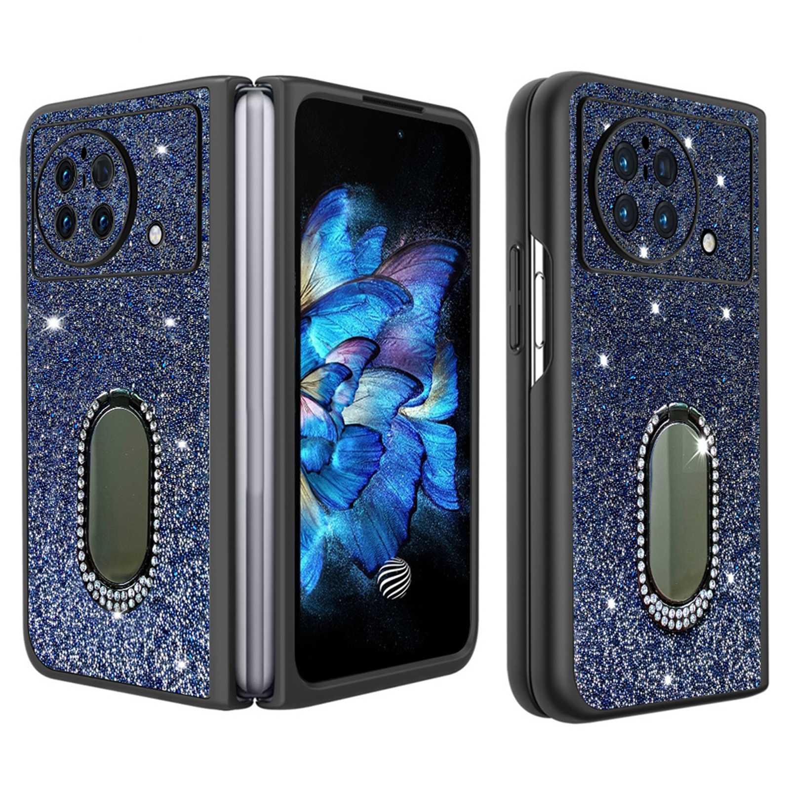 For vivo X Fold Rhinestone Decor Ring Kickstand Folding Phone Case TPU + PC Hybrid Cover - Dark Blue