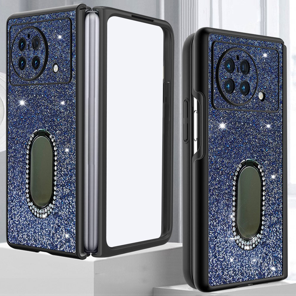 For vivo X Fold Rhinestone Decor Ring Kickstand Folding Phone Case TPU + PC Hybrid Cover - Dark Blue