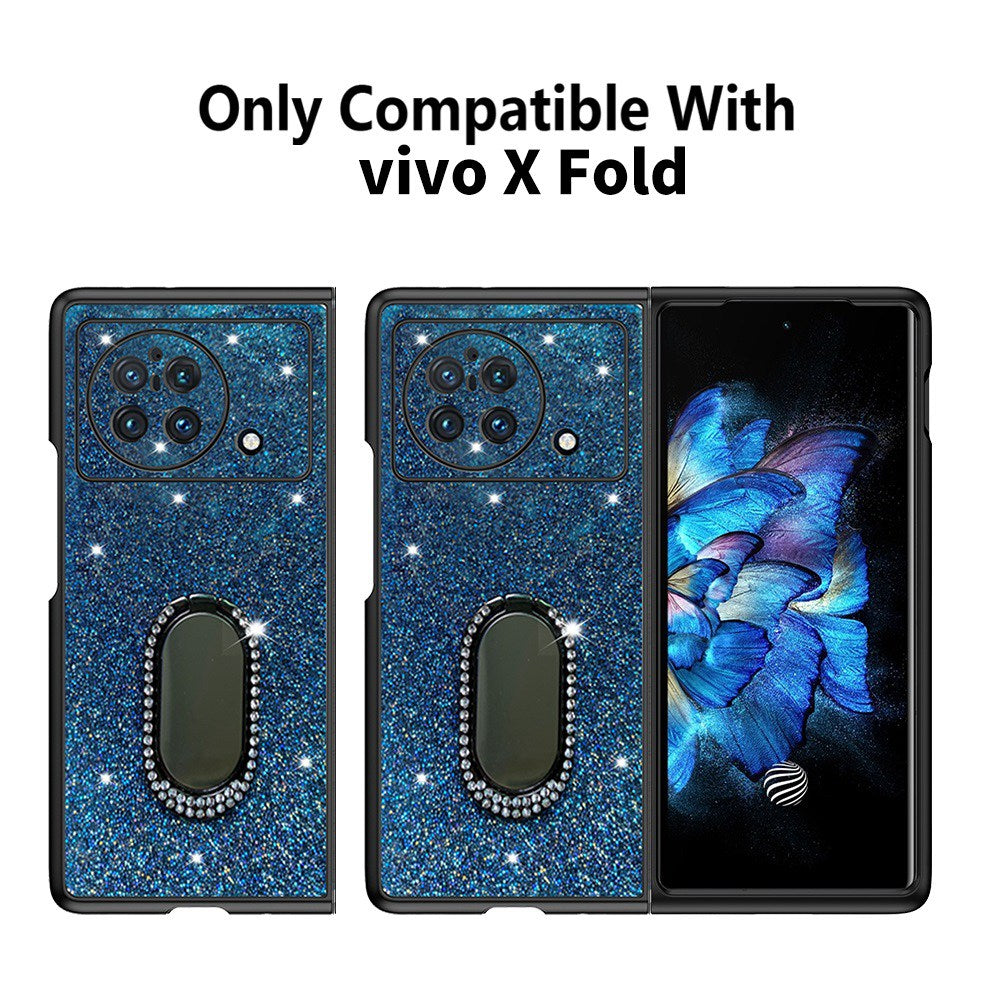 For vivo X Fold Rhinestone Decor Ring Kickstand Folding Phone Case TPU + PC Hybrid Cover - Dark Blue