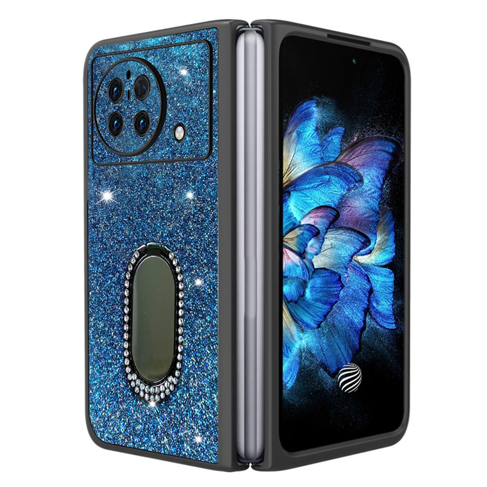 For vivo X Fold Rhinestone Decor Ring Kickstand Folding Phone Case TPU + PC Hybrid Cover - Dark Blue