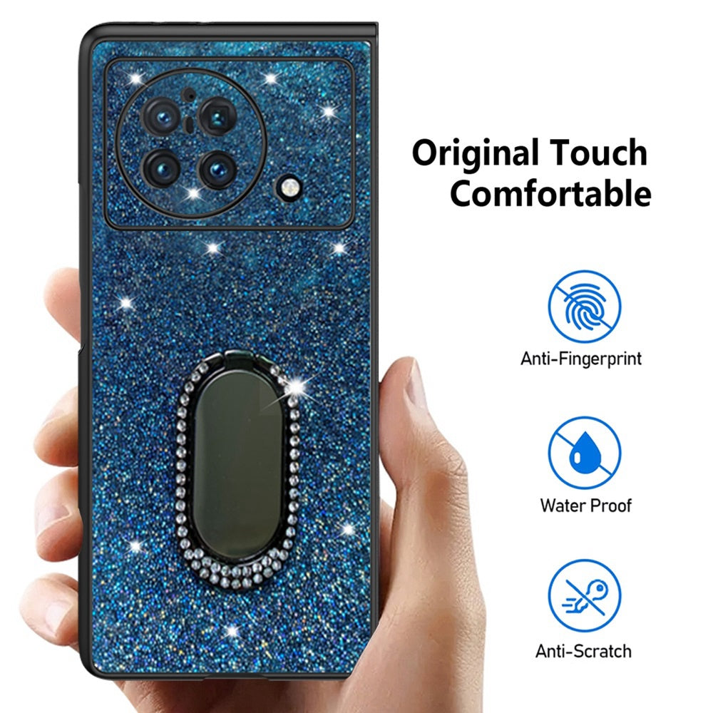 For vivo X Fold Rhinestone Decor Ring Kickstand Folding Phone Case TPU + PC Hybrid Cover - Dark Blue