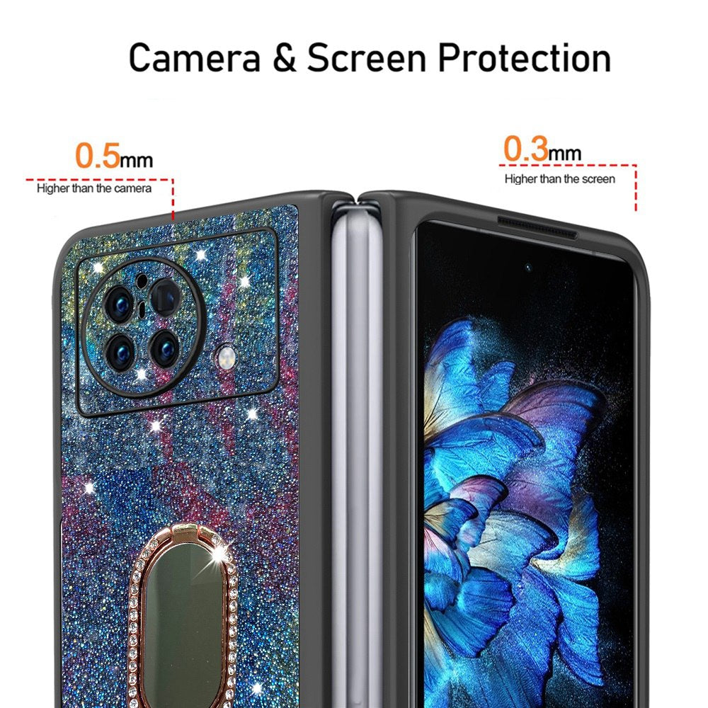 For vivo X Fold Rhinestone Decor Ring Kickstand Folding Phone Case TPU + PC Hybrid Cover - Dark Blue