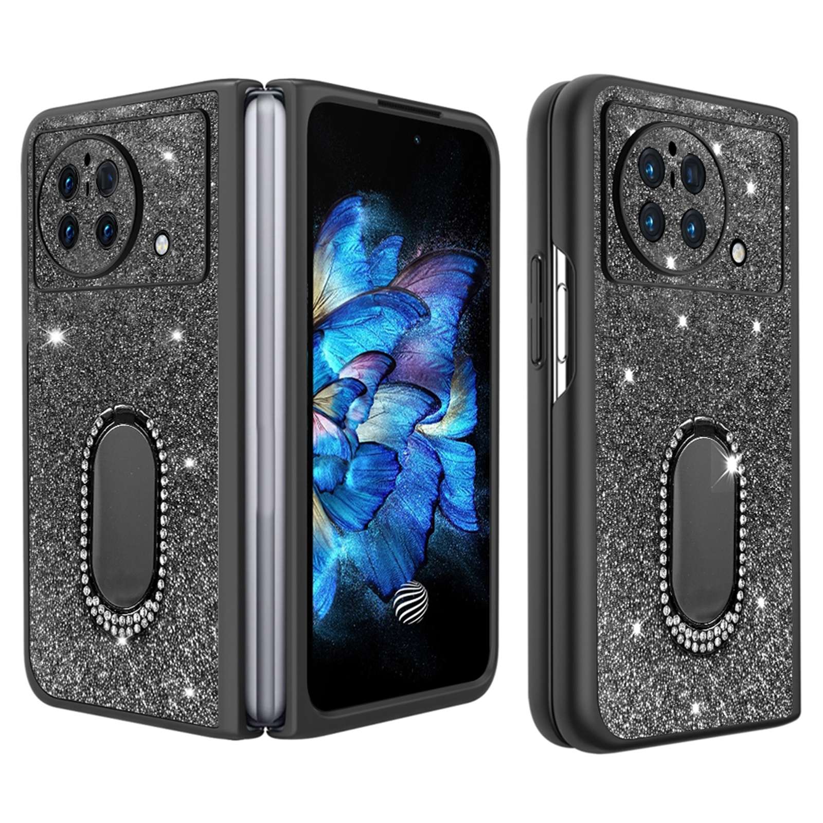 For vivo X Fold Rhinestone Decor Ring Kickstand Folding Phone Case TPU + PC Hybrid Cover - Black