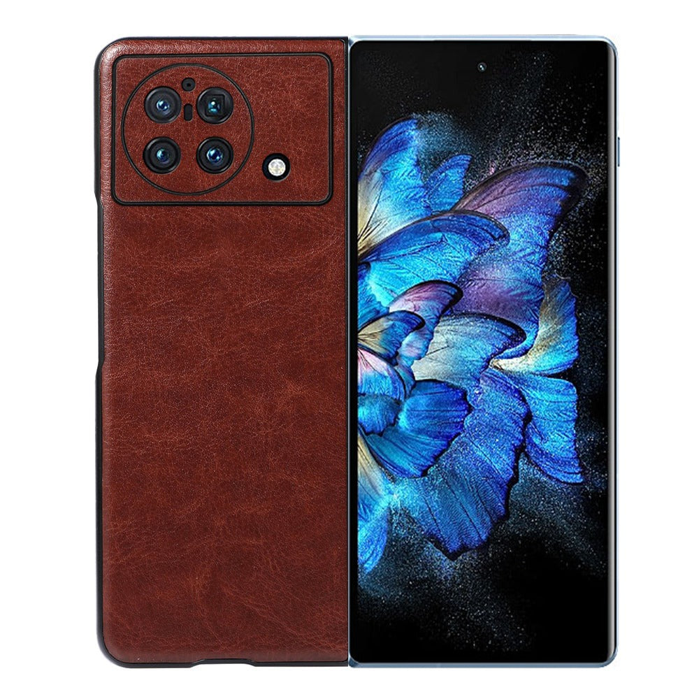 For vivo X Fold 180-Degree Close-Fitting Crazy Horse Texture PU Leather Phone Back Case Coated Hybrid Bottom Case - Coffee