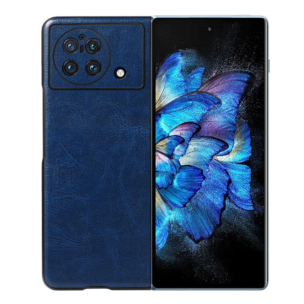 For vivo X Fold 180-Degree Close-Fitting Crazy Horse Texture PU Leather Phone Back Case Coated Hybrid Bottom Case - Blue