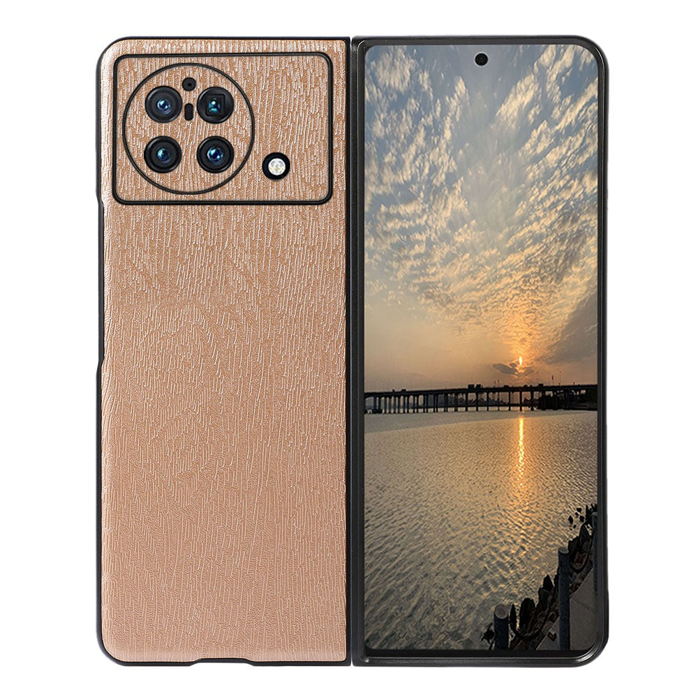 Wood Texture PU Leather Back Case for vivo X Fold, 180-Degree Folding Slim-Fit Leather Coated Hybrid Case Phone Cover Accessory - Gold