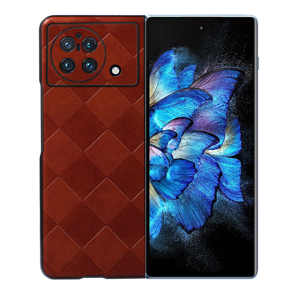 For vivo X Fold PC+TPU Hybrid Phone Case Coated PU Leather with Grid Texture Drop Protection Phone Accessory - Brown