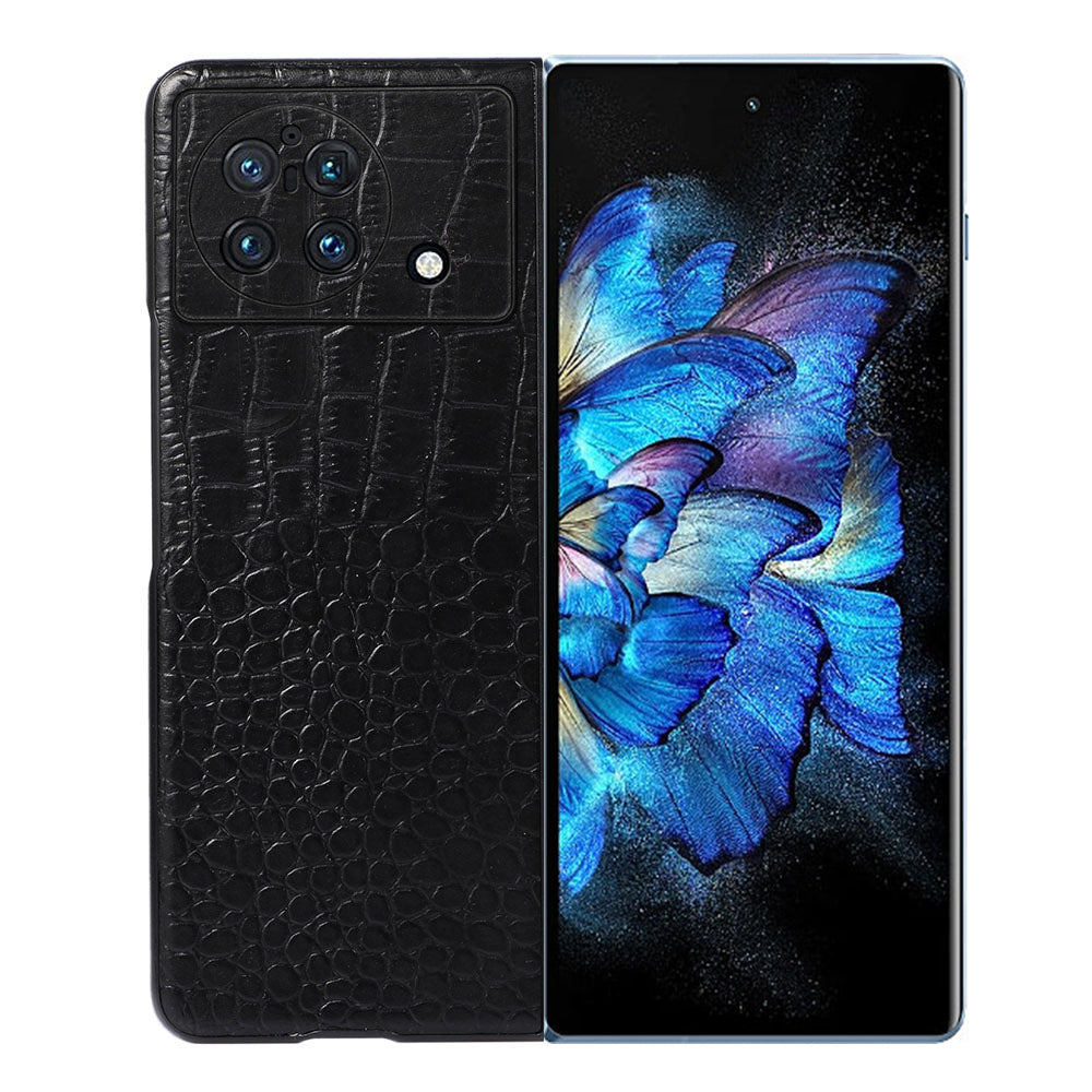 For vivo X Fold Folio Folding Crocodile Texture Genuine Cowhide Leather Phone Back Case Coated PC+TPU Phone Case Accessory - Black