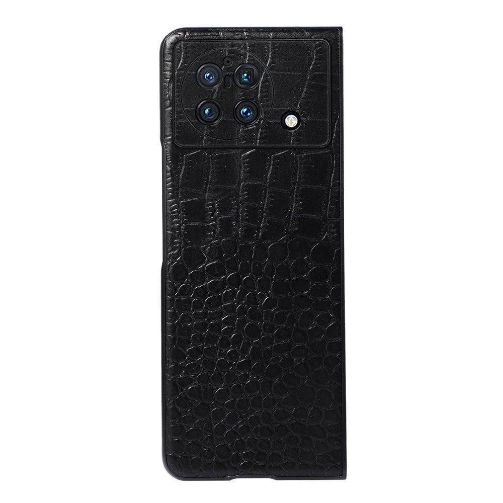 For vivo X Fold Folio Folding Crocodile Texture Genuine Cowhide Leather Phone Back Case Coated PC+TPU Phone Case Accessory - Black