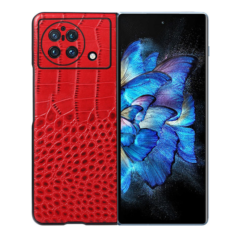 For vivo X Fold Folio Folding Crocodile Texture Genuine Cowhide Leather Phone Back Case Coated PC+TPU Phone Case Accessory - Red