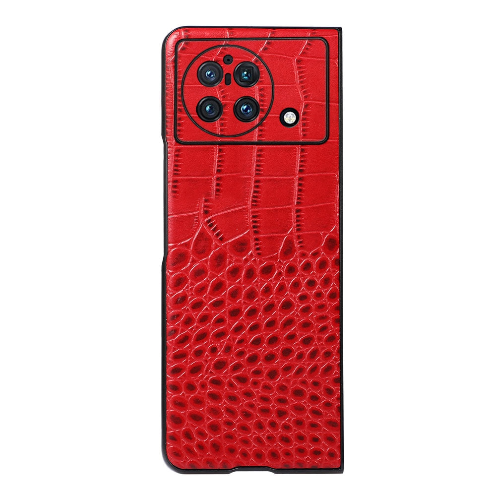 For vivo X Fold Folio Folding Crocodile Texture Genuine Cowhide Leather Phone Back Case Coated PC+TPU Phone Case Accessory - Red