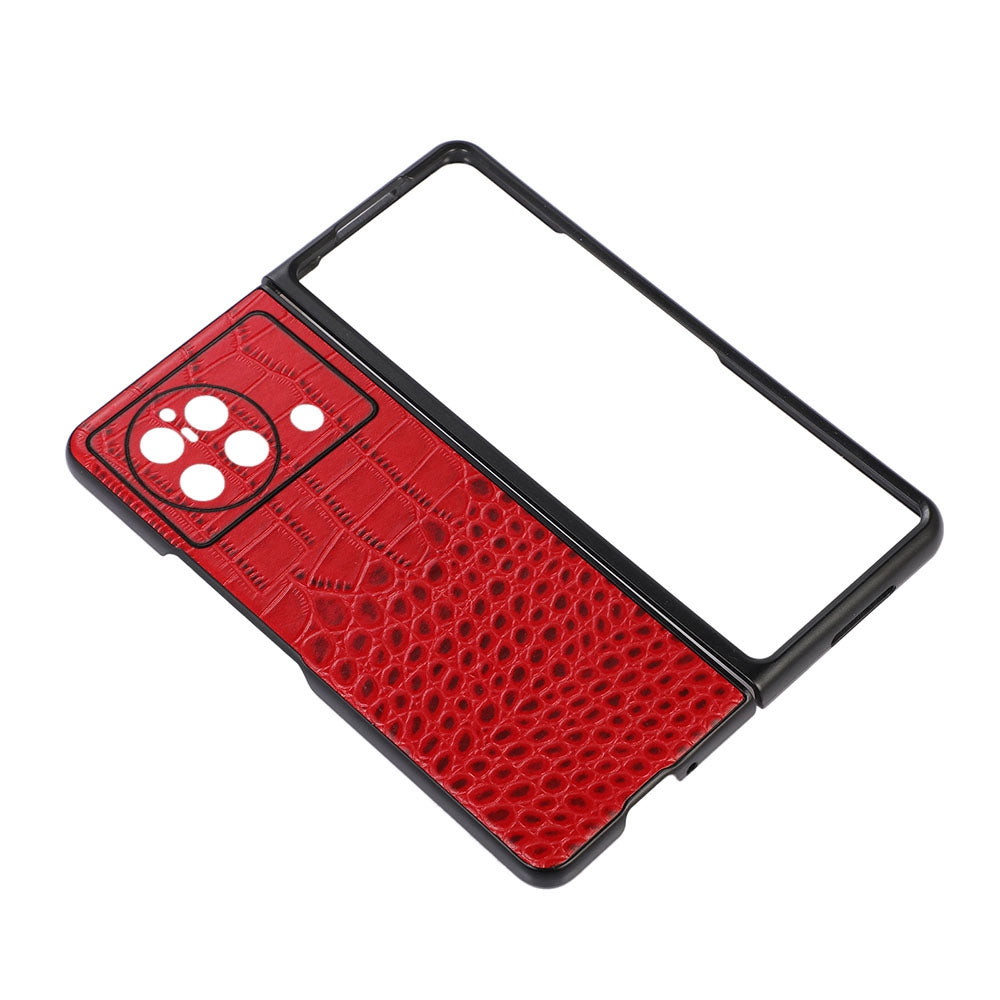 For vivo X Fold Folio Folding Crocodile Texture Genuine Cowhide Leather Phone Back Case Coated PC+TPU Phone Case Accessory - Red