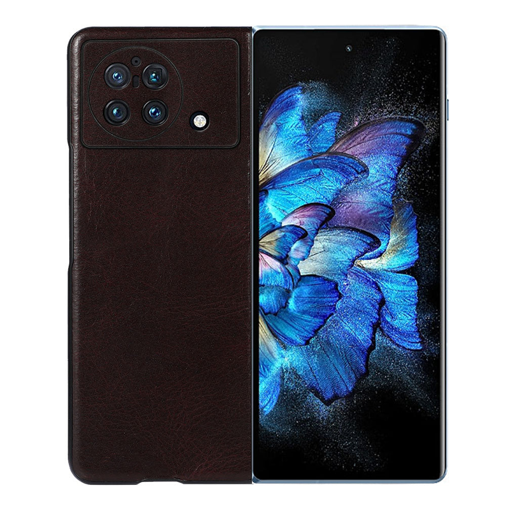 Crazy Horse Texture Genuine Leather Phone Back Case for vivo X Fold, Anti-Drop Cowhide Leather Coated TPU + PC Hybrid Bottom Case - Coffee