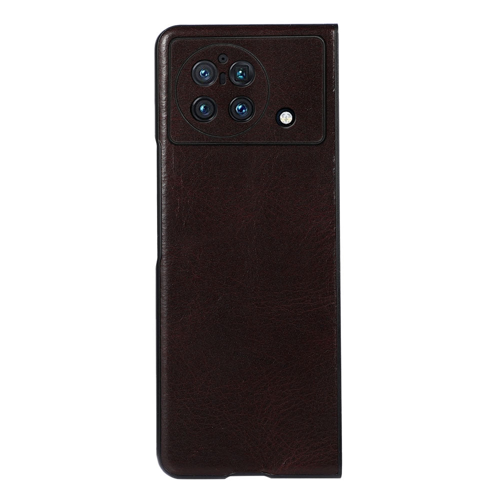 Crazy Horse Texture Genuine Leather Phone Back Case for vivo X Fold, Anti-Drop Cowhide Leather Coated TPU + PC Hybrid Bottom Case - Coffee