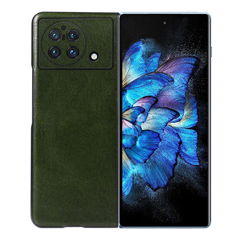 Crazy Horse Texture Genuine Leather Phone Back Case for vivo X Fold, Anti-Drop Cowhide Leather Coated TPU + PC Hybrid Bottom Case - Green