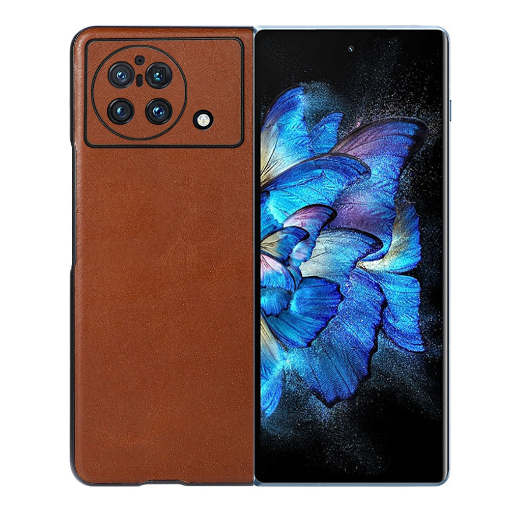 Crazy Horse Texture Genuine Leather Phone Back Case for vivo X Fold, Anti-Drop Cowhide Leather Coated TPU + PC Hybrid Bottom Case - Brown