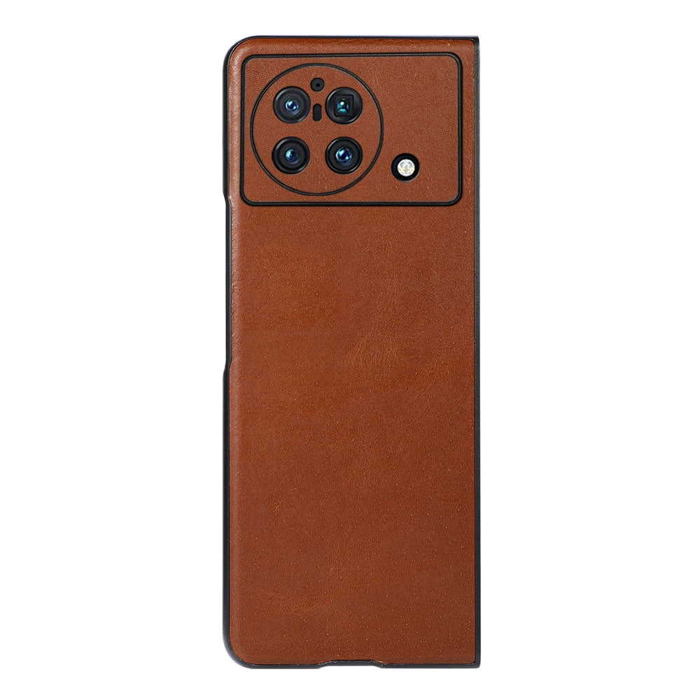 Crazy Horse Texture Genuine Leather Phone Back Case for vivo X Fold, Anti-Drop Cowhide Leather Coated TPU + PC Hybrid Bottom Case - Brown