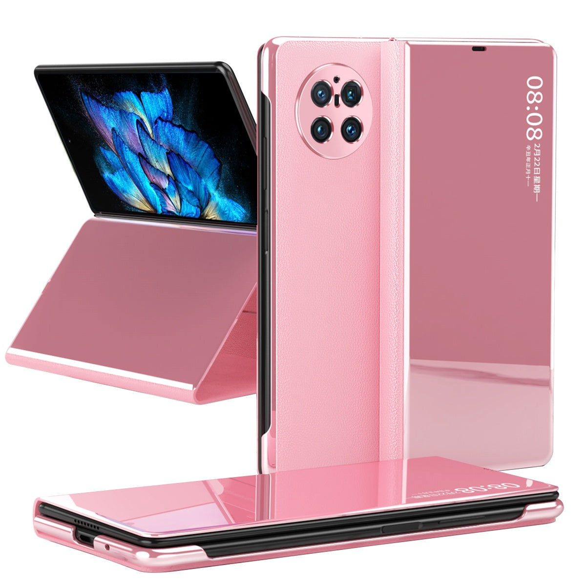 For vivo X Fold PU Leather Coated PC Mirror Surface View Window Shell Stand Function Shockproof Protective Phone Cover - Pink