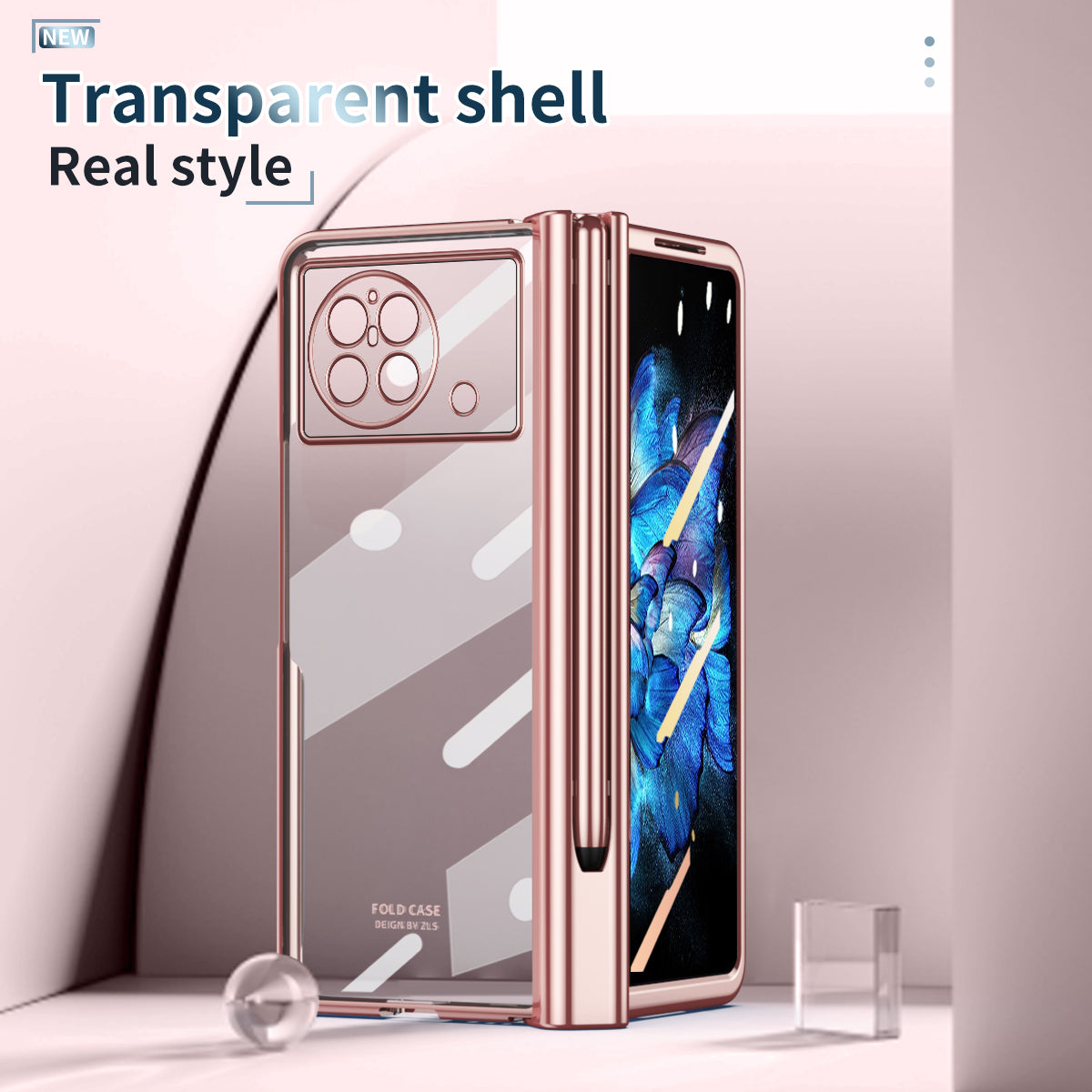 For vivo X Fold Tempered Glass Film Electroplating Phone Case Pen Slot Hinge Folding Hard PC Cover with Stylus Pen - Pink