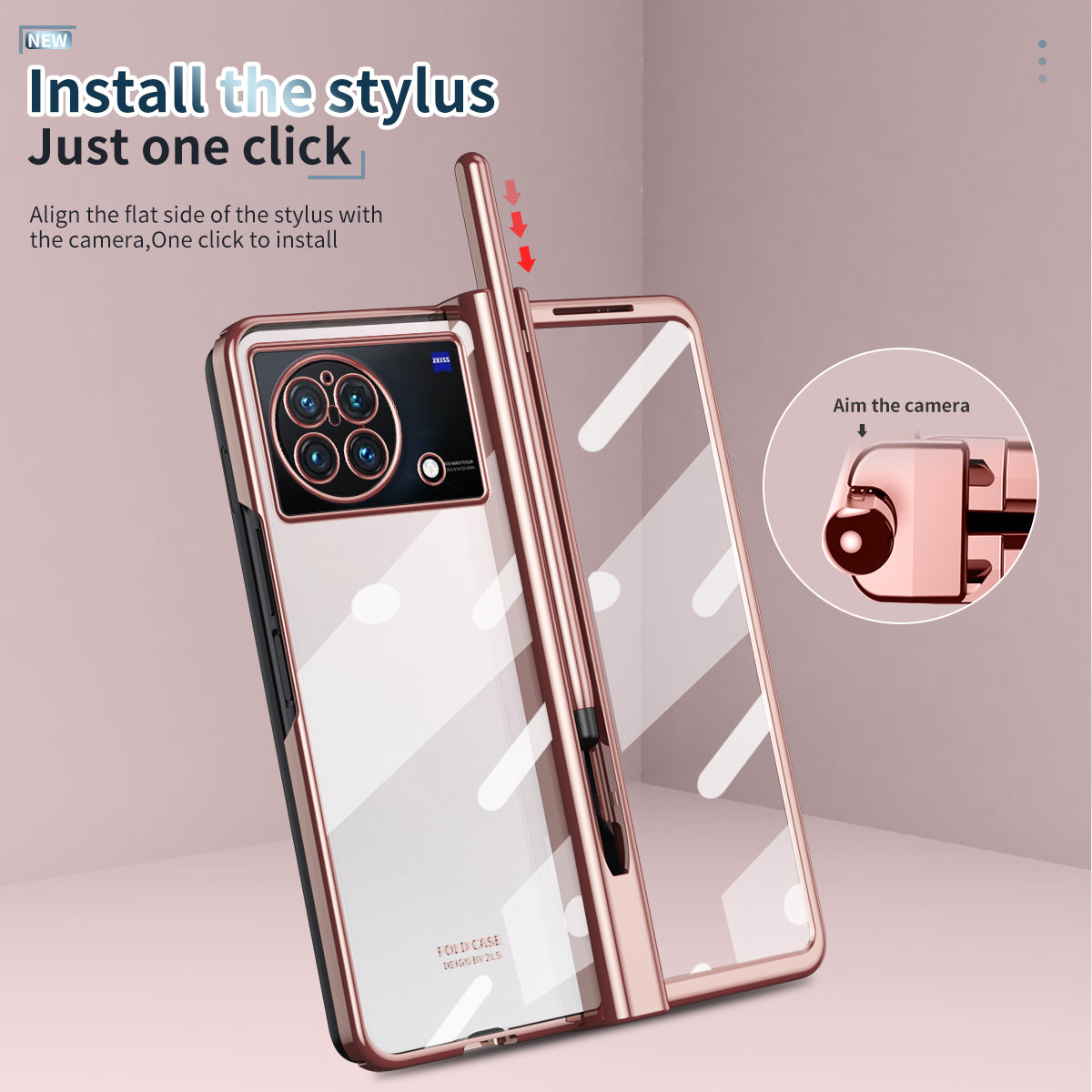 For vivo X Fold Tempered Glass Film Electroplating Phone Case Pen Slot Hinge Folding Hard PC Cover with Stylus Pen - Pink