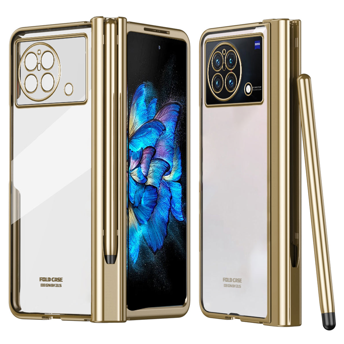 For vivo X Fold Tempered Glass Film Electroplating Phone Case Pen Slot Hinge Folding Hard PC Cover with Stylus Pen - Gold