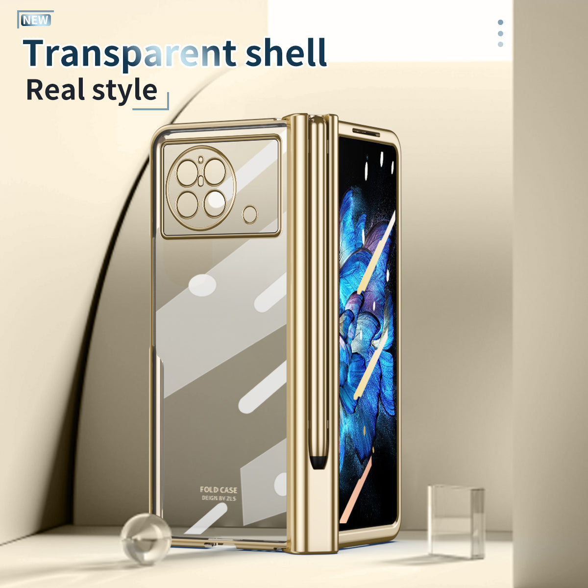 For vivo X Fold Tempered Glass Film Electroplating Phone Case Pen Slot Hinge Folding Hard PC Cover with Stylus Pen - Gold